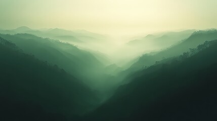 Naklejka premium Misty Green Mountains at Dawn Serene Valley Landscape Panorama