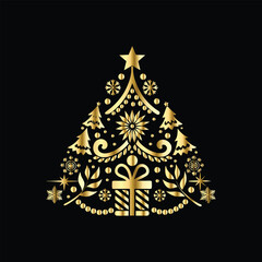 Merry Christmas and Happy New Year. Greeting card with Christmas tree, gifts and snowflakes. Christmas and New Year background with snowflakes in hands. Vector illustration.