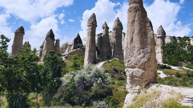 The Valley of Love in Goreme National Park. Unique rocks of various shapes. Sandstone cliffs. The wonders of Cappadocia are rock formations. The unusual shapes of the rocks are the property of Turkey.