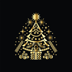 Merry Christmas and Happy New Year. Greeting card with Christmas tree, gifts and snowflakes. Christmas and New Year background with snowflakes in hands. Vector illustration.