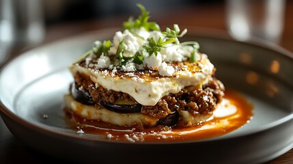 Layered Dish with Meat, Eggplant, and Cheese