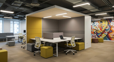 Modern Office Workspace with Collaborative Cubicles and Artwork