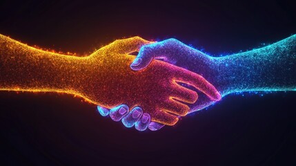 Abstract handshake, glowing particles