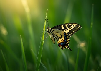 Fototapeta premium Golden Butterfly's Sunrise Embrace: Nature's Gentle Awakening