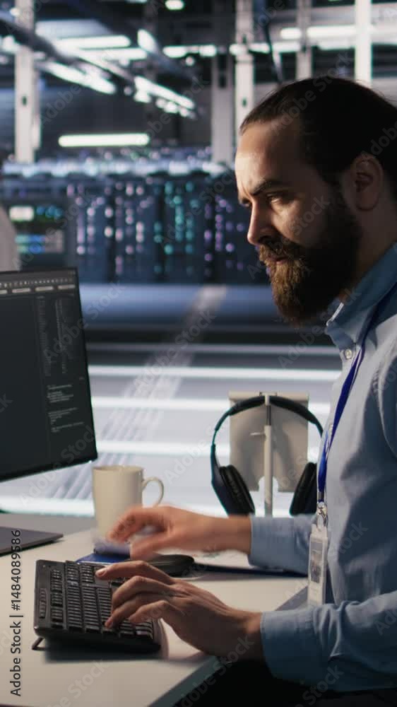 Poster vertical video exhausted computer scientist in server room reviewing neural network outputs, sufferi
