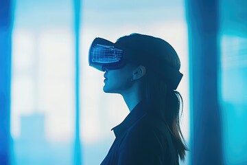 A woman in a VR headset exploring immersive digital worlds in a futuristic, blue-lit environment, experiencing virtual reality technology.