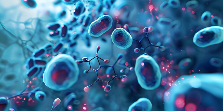 3D rendering of virus particles and cells in fluid, microscopic viral infection illustration, detailed biology visualization of pathogens
