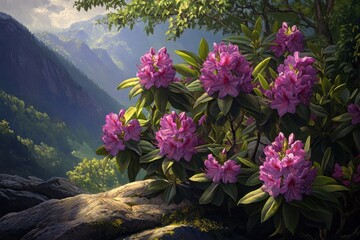 Vibrant pink flowers bloom atop rocky mountain vista