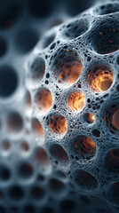 A close-up of a water purification membrane with an intricate design, crucial for wastewater recycling and filtration. The minimalistic, modern design is set against a bright tone with a blurred backg