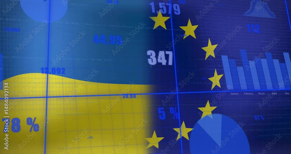 Poster flat design showing data area chart, bar chart, pie chart with eu stars on transparent background