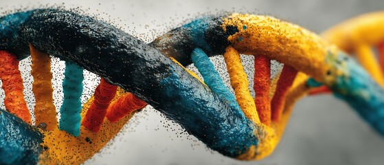 A vibrant, tactile close-up of colorful intertwined DNA strands rendered in a hyperreal style, with particle-like textures surrounding the structure in dynamic motion.