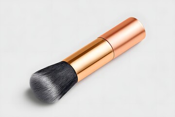 Obraz premium A stylish makeup brush with a metallic handle, perfect for applying and blending cosmetics. Ideal for beauty enthusiasts looking for quality tools for flawless makeup application.