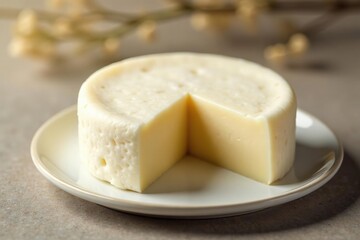 Creamy white cheese wheel on pristine background, creamy, mozzarella, ingredient