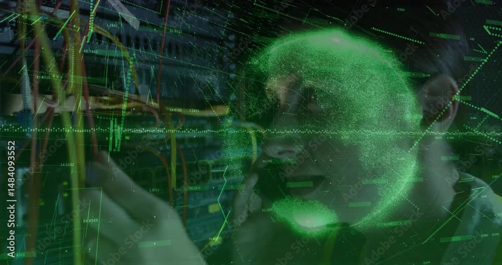 Poster network technician connecting patch cables in data center, showing ar data globe and waveform