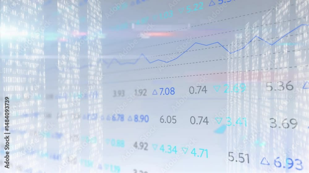 Poster financial data overlaying skyline, showing blue line chart with numeric arrows and dashed grid