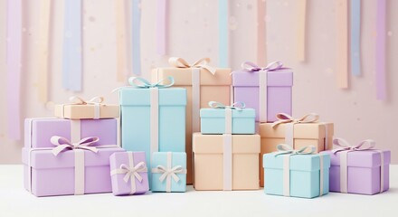 Pastel gifts birthday presents celebration party holiday surprise boxes ribbon occasion lovely stacked gifts