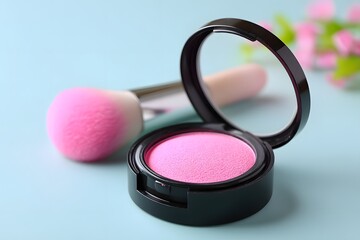 A stylish makeup setup featuring a round compact of vibrant pink blush beside a soft brush. The pastel backdrop adds a fresh feel, perfect for beauty enthusiasts and makeup lovers.