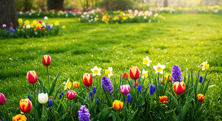 Spring Flowers Bordering Lush Green Lawn
