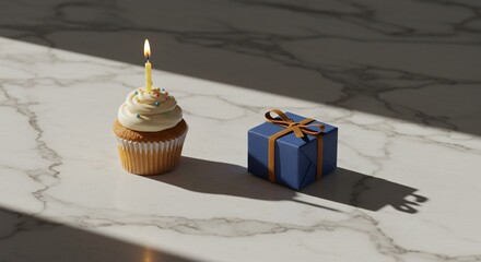 Celebrate birthday with cupcake candle and gift box on marble table happy birthday cupcake and present