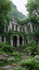 Overgrown Stone Ruin in Lush Green Forest, Misty Atmosphere
