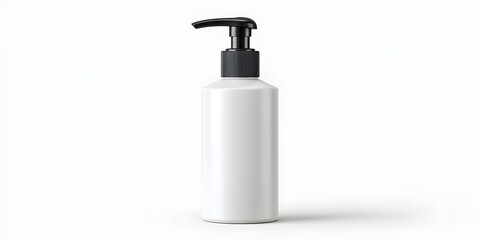 A minimalist pump bottle in white, suitable for various liquids. Ideal for showcasing personal care or cleaning products in a modern setting, promoting simplicity and cleanliness.