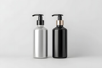 Obraz premium Two stylish pump bottles, one silver and one black, placed on a clean background. Ideal for showcasing beauty, personal care, or product packaging inspiration.