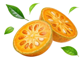 Halved Bael Fruit with Bright Orange Flesh Surrounded by Fresh Green Leaves on a Transparent Background