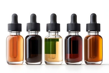 A collection of five glass dropper bottles filled with various colorful liquids, perfect for showcasing different flavors or essential oils in a clean and modern setting.