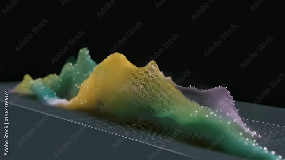 Poster vibrant digital particle landscape morphing across grid background, generating dynamic abstract terr