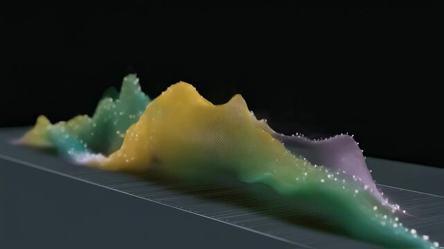 Vibrant digital particle landscape morphing across grid background, generating dynamic abstract terrain visualization with evolving colorful mountain range