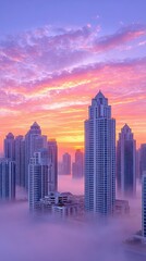 Fototapeta premium Pink Sunset Skyline Foggy Cityscape with Modern Skyscrapers