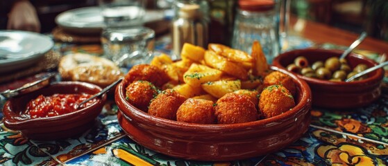 Fototapeta premium A delicious spread of fried potatoes and fritters, served with a side of vibrant red sauce and olives. Perfect tapas!