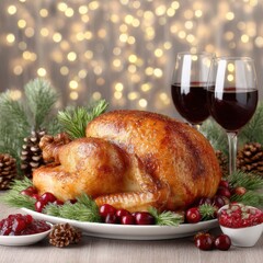 Roasted Turkey with Cranberries and Red Wine for Holiday Dinner