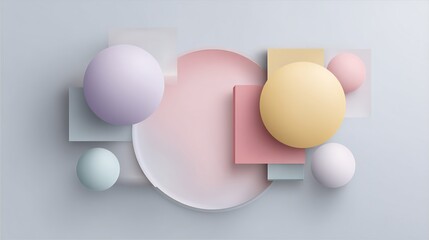 Pastel Geometric Composition with Spheres and Squares in Soft Hues