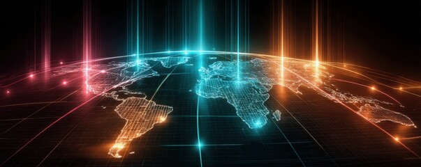 A glowing digital world map with illuminated data points and network connections across continents.