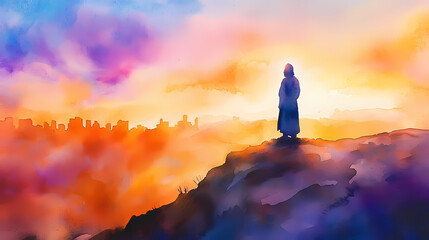 Obraz premium jesus standing hill overlooking jerusalem