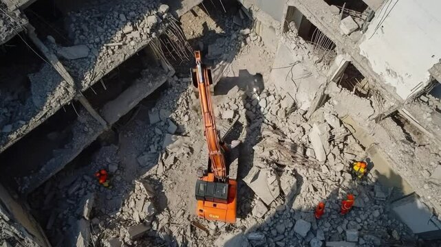 Demolition Site: A close-up aerial view of a large demolition excavator working in a rubble-strewn site, highlighting the power of heavy machinery and the transformative nature of construction.