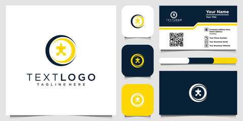 Creative puzzle piece logo design with business card, blue and yellow color palette