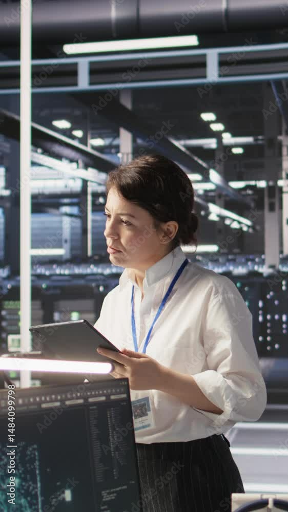 Poster vertical video data center team leader supervising system operations supporting neural networks and 