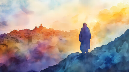 Obraz premium jesus standing hill overlooking jerusalem
