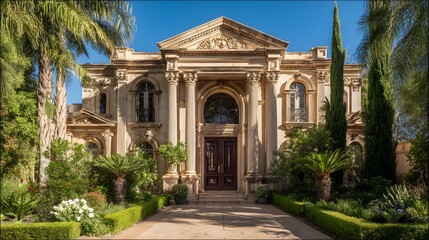 Obraz premium Elegant mansion entrance with grand architectural doorway framed by lush greenery under clear blue sky, showcasing luxury estate exterior, symmetrical composition, and upscale residential design