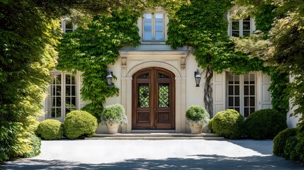 Obraz premium Elegant mansion entrance with grand architectural doorway framed by lush greenery under clear blue sky, showcasing luxury estate exterior, symmetrical composition, and upscale residential design