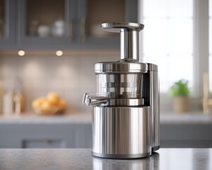 Sleek silver juicer on a kitchen counter, ready to make fresh juice.  Perfect for a healthy lifestyle.