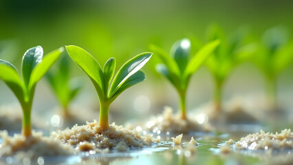 Dew-covered seedlings on wet white soil, water droplets magnifying earth texture in morning light.