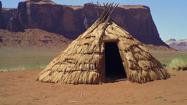 Native American wickiup in desert landscape.