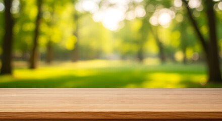 Empty Wooden Table, Blurred Green Park Background