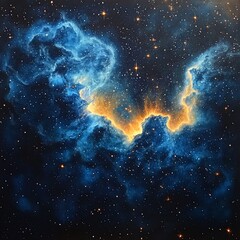 Vivid nebula swirls of blue and yellow in the vast expanse of a star-filled sky