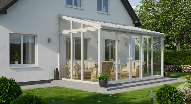 Elegant Sunroom Extension for Modern Home With Outdoor Landscaping