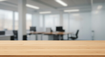 Empty Wooden Table, Blurred Modern Office Background