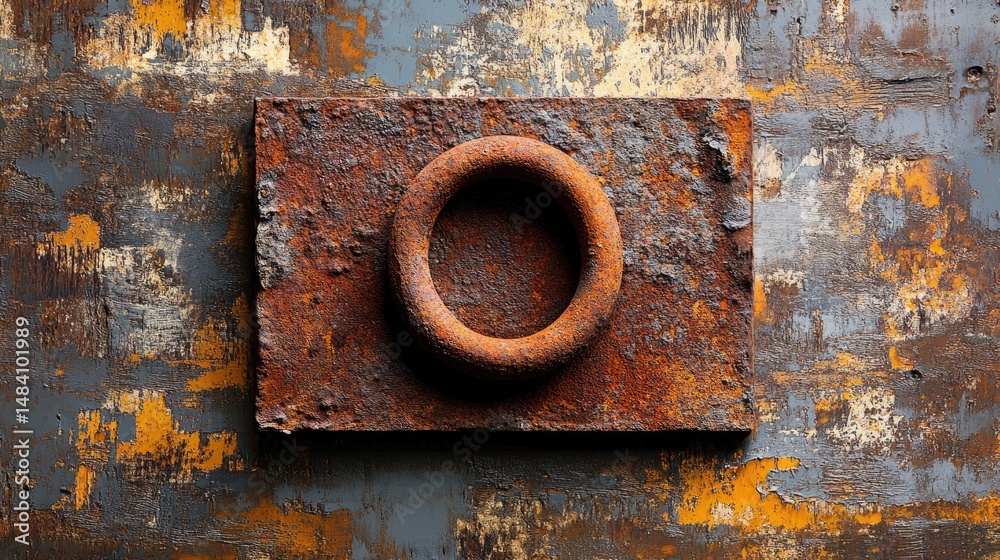 Poster close-up of rusted iron loop on rough oxidized background, full of grit and decay